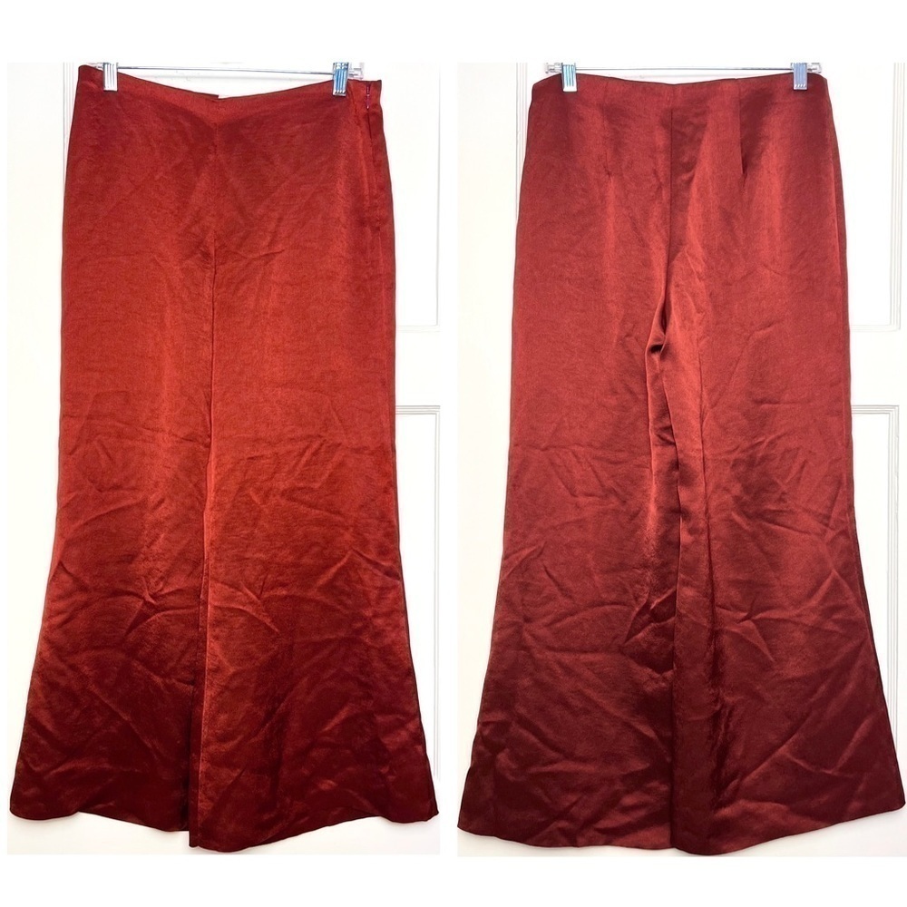VINCE Crimson‎ Satin High Rise Wide Leg Flowy Flare Trouser Pants 6 - Picture 4 of 9
